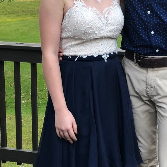 Elegant Navy and Cream Lace Dress - Picture 1 of 7